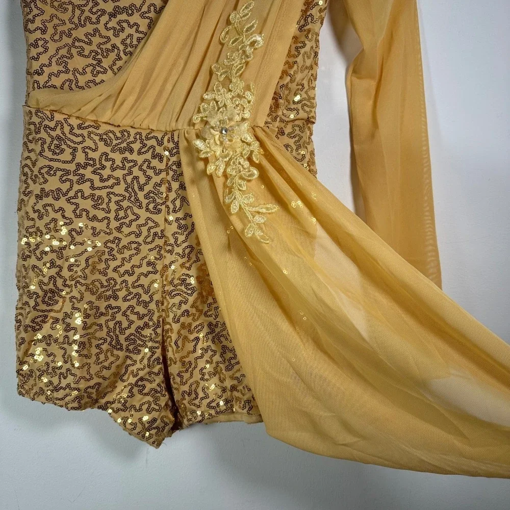 Alexandra Collection Gold Sequin Dance Romper One Sleeve Costume Girls 14
